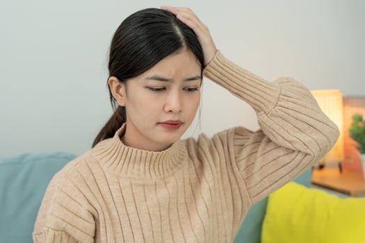 bad health, Asian woman feeling stress and headache, Office syndrome, sad tired touching forehead having migraine or depression, irritated girl, sadness grief photo