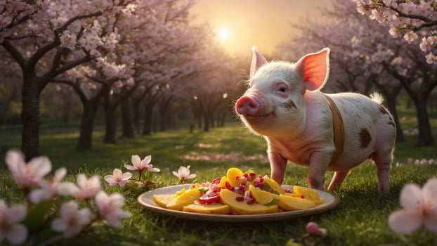 Adorable piglet enjoying a colorful fruit platter in a blooming orchard at sunset photo