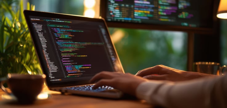The laptop displaying colorful code illuminated in a cozy workspace. photo