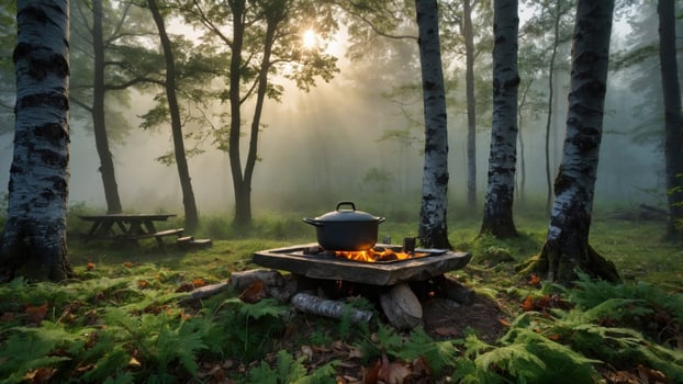 Tranquil forest scene with a pot cooking over a campfire, surrounded by misty trees and greenery photo
