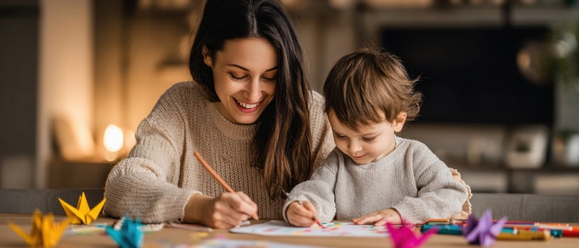 The joyful moment of a mother and child creating art together at home. photo