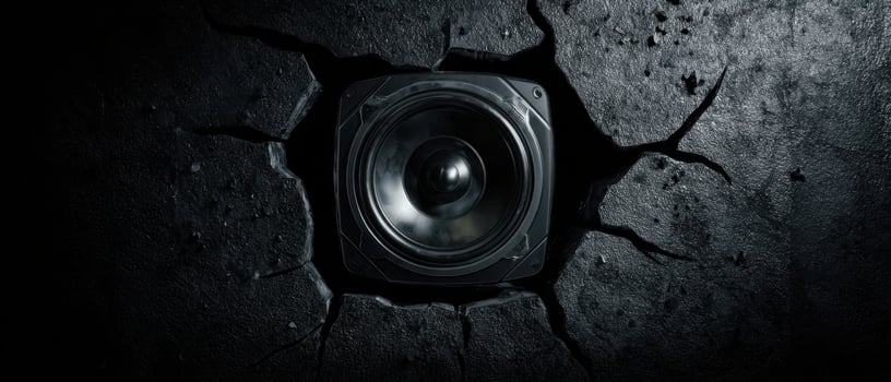 The powerful speaker emerging from a cracked dark wall background photo