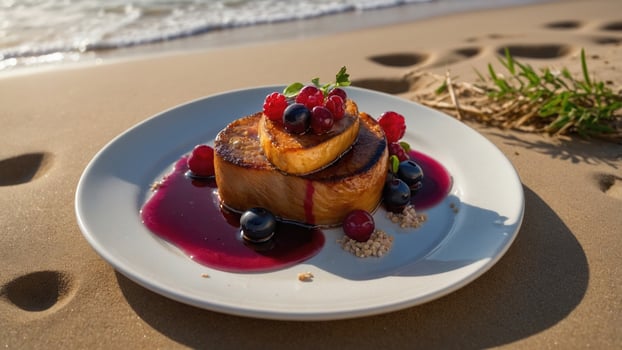 Gourmet dessert featuring caramelized fruit and berry sauce on a sandy beach at sunset photo
