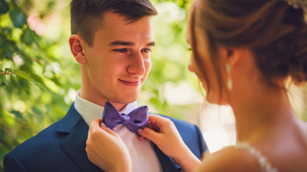 The couple sharing a special moment adjusting a bow tie outdoors. photo