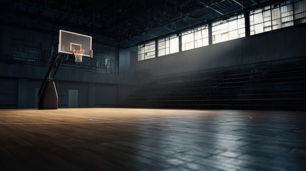 The Empty Basketball Court Lit by Natural Light in a Spacious Gymnasium photo