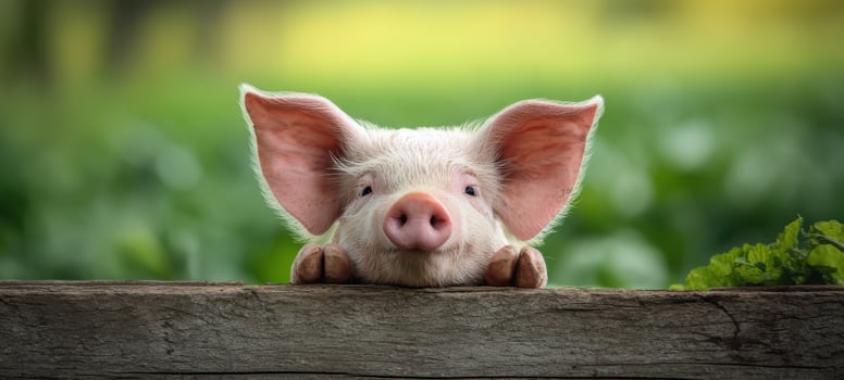 The adorable pig peering over a rustic wooden fence in a lush farm setting. photo