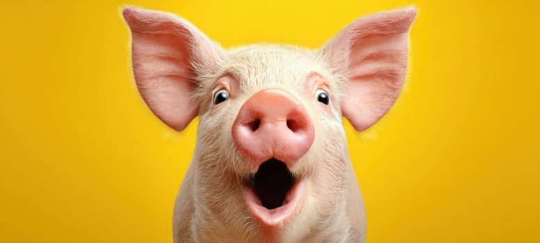 The surprised pig with an adorable expression against a bright yellow background. photo