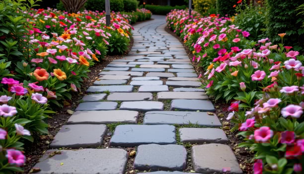 a trail paved with irregular slate stones, surrounded by lush blooms in deep, rich tones. photo