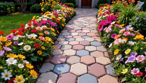 a hexagon patterned tile walkway bordered with seasonal floral displays, changing hues with each step. photo
