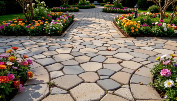 a path paved with hexagonal tiles in a geometric design, surrounded by organized flower beds with seasonal blooms. photo