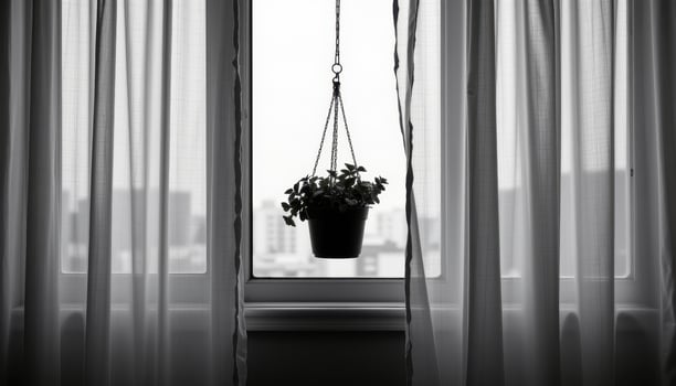 a monochrome hanging pot silhouette visible through translucent curtains in a quiet, modern space. photo