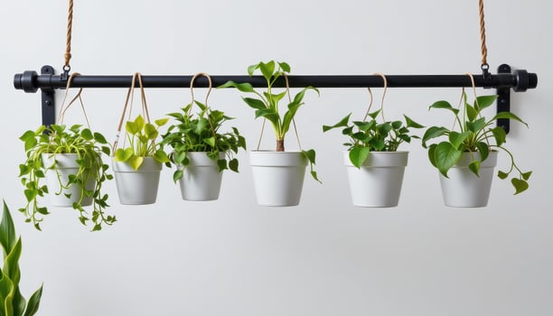 a long horizontal rail supporting five hanging pots with synchronized spacing. photo