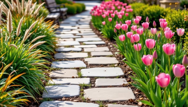 a pathway paved with irregular flagstones, framed on both sides by flowering ornamental grasses and pink tulips in full bloom. photo
