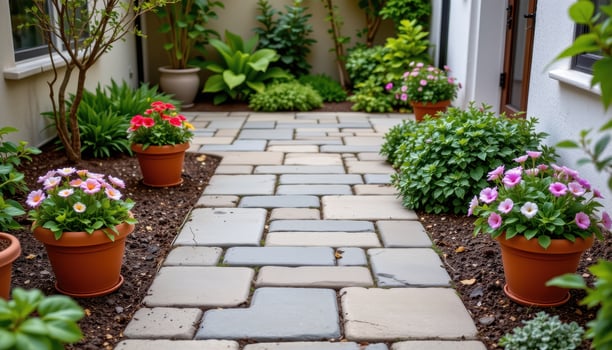 a small courtyard walkway made of cut stone, edged with floral arrangements in terracotta pots. photo