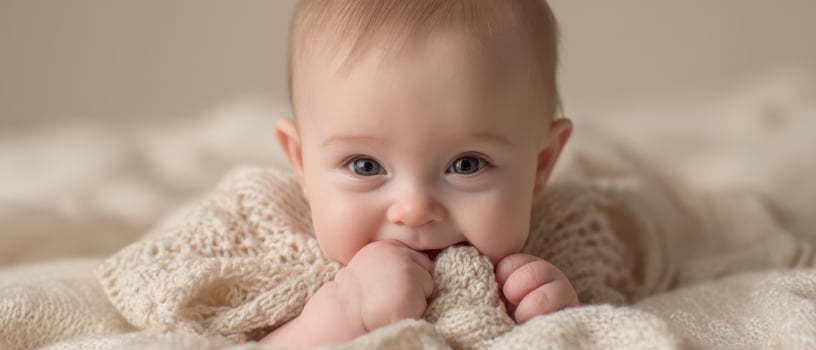 The adorable baby enjoying a cozy moment with a soft blanket. photo