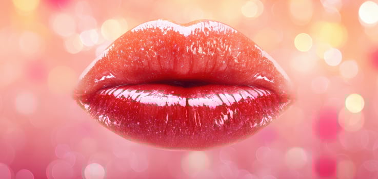 The glossy red lips exuding glamour and sensuality against a vibrant background. photo
