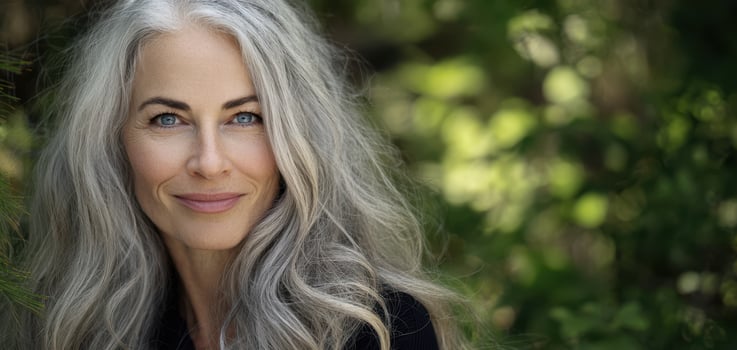 The captivating portrait of a smiling woman in a serene natural setting. photo