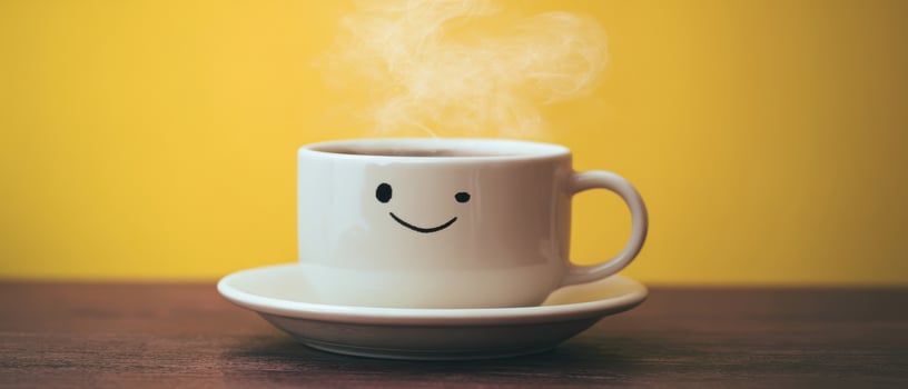The cheerful coffee cup with a smile and steam rising delightfully. photo