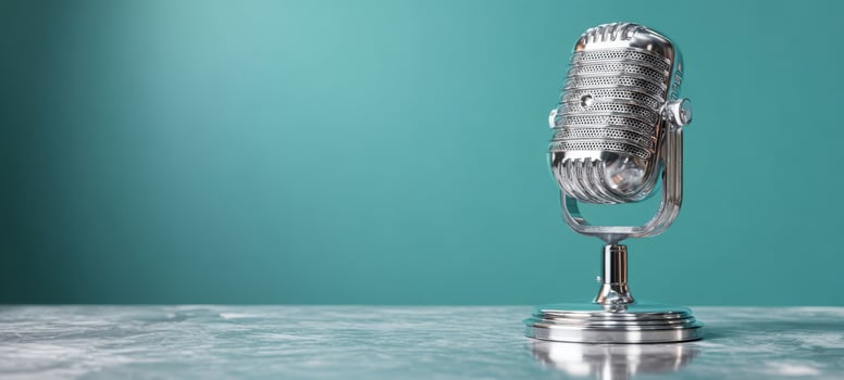 The vintage microphone shining under a beautiful teal backdrop photo