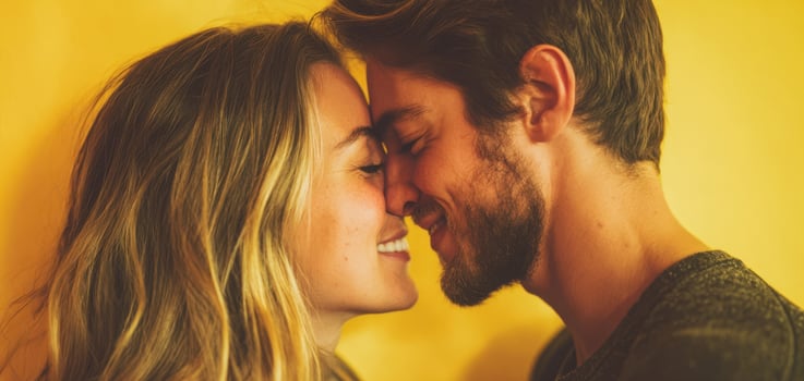 The intimate moment shared by a couple against a vibrant yellow background. photo