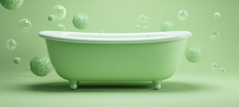 The serene green bathtub surrounded by floating bubbles and organic elements. photo