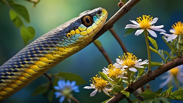 Colorful snake resting on a branch surrounded by blooming flowers in a vibrant green environment photo