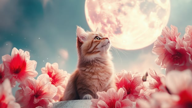 A cat is sitting in a field of pink flowers, looking up at the moon photo