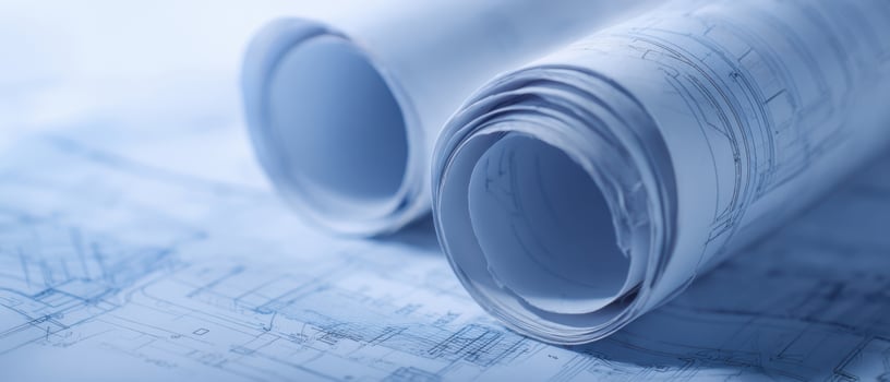 The rolled blueprints showcasing intricate architectural designs and layout plans. photo
