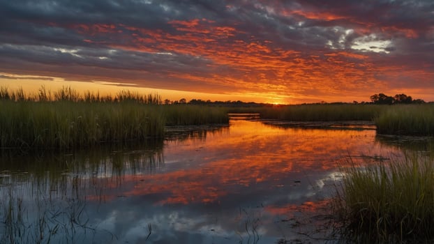 Serene sunset over a tranquil marshland reflecting vibrant colors in the water, with lush grasses photo