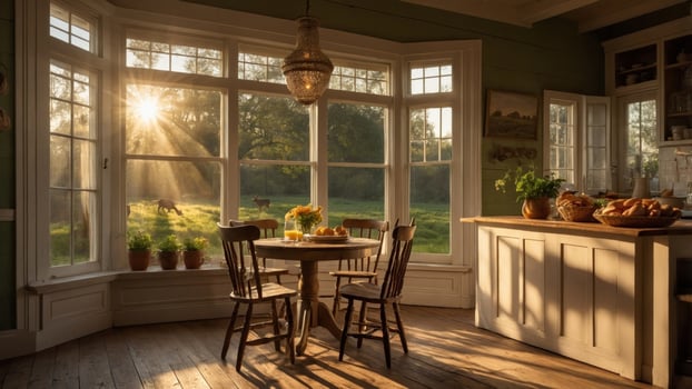 Cozy kitchen with wooden table and chairs, sun rays streaming through windows, peaceful garden view photo