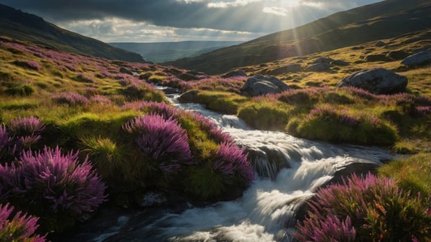 Serene landscape featuring a flowing stream amidst vibrant purple heather under dramatic skies photo