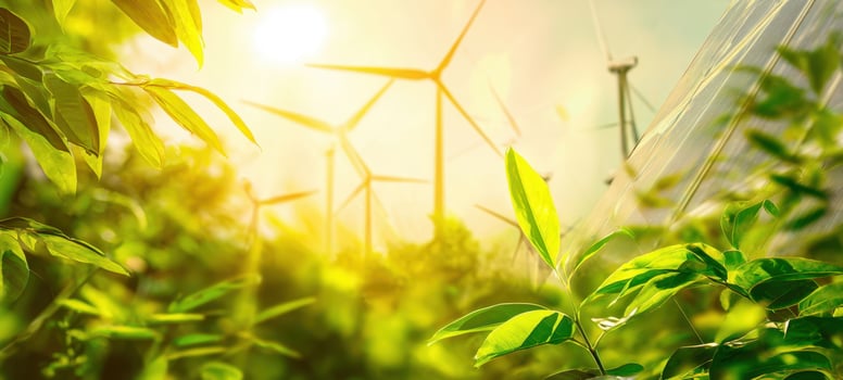 The vibrant green leaves amidst renewable energy sources and sunlight. photo
