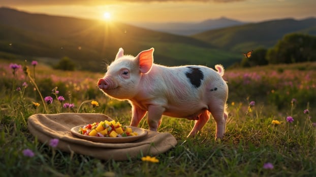 Playful piglet enjoying a colorful fruit salad in a vibrant meadow during sunset photo