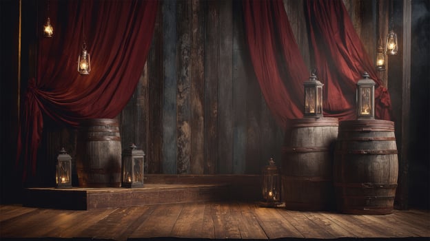 The enchanting vintage stage adorned with rustic barrels and glowing lanterns. photo