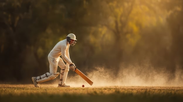 The cricketer swinging his bat during a dramatic sunset match. photo