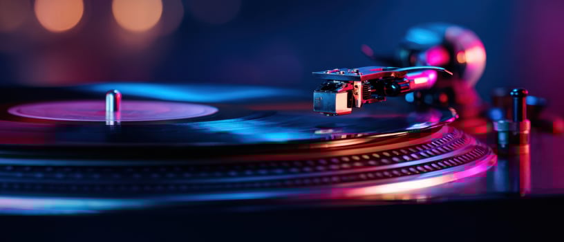 The vintage turntable spinning a classic vinyl record in vibrant ambiance. photo