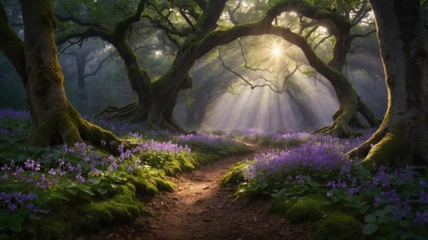 Enchanted forest path illuminated by sunlight, surrounded by vibrant flowers and lush greenery photo