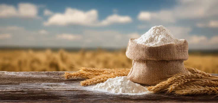 The burlap sack filled with flour in a wheat field setting. photo