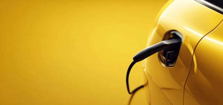 The electric vehicle charging with a stylish yellow design against a vibrant background. photo