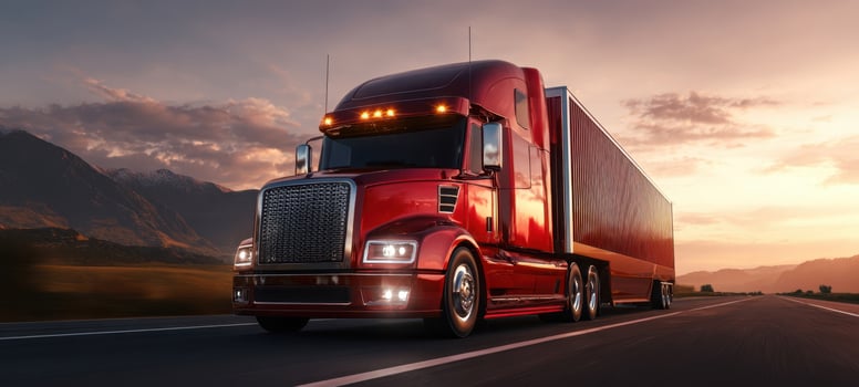 The powerful red truck cruising down an open highway at sunset. photo
