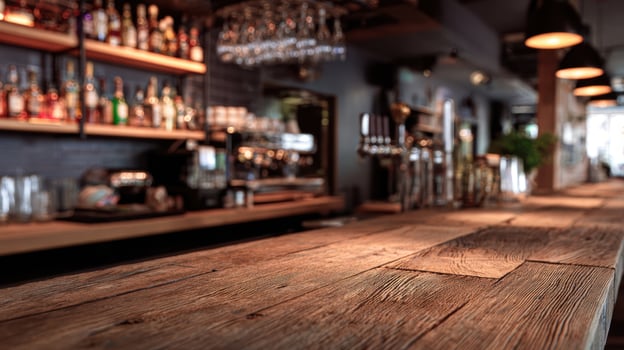 The inviting wooden bar counter in a stylish contemporary bar setting photo