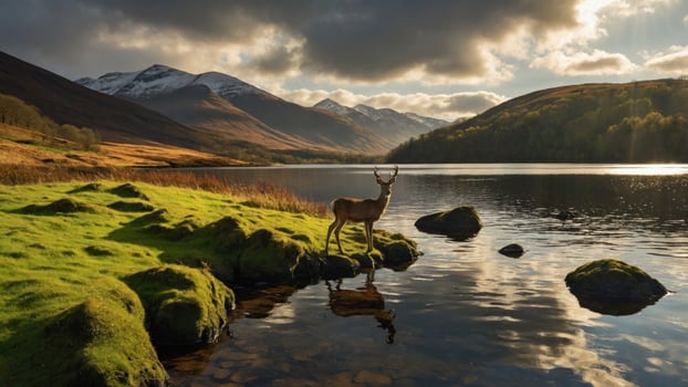 A deer stands on the shore of a lake in the mountains photo