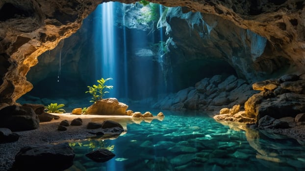 Serene underground cave with crystal-clear water, illuminated by sunlight beams, featuring lush greenery photo