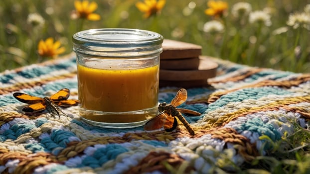 Close-up of a glass jar of honey surrounded by butterflies on a colorful woven blanket in a sunny field photo