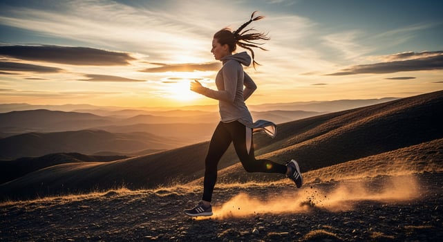 A woman running on a mountain at sunset photo