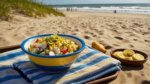 Vibrant salad bowl on a sandy beach with ocean waves and people in the background enjoying summer photo