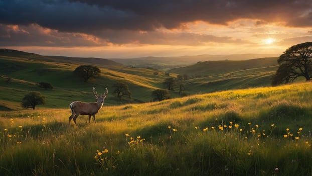 Majestic stag standing in a lush green meadow at sunset, with rolling hills and vibrant flowers photo