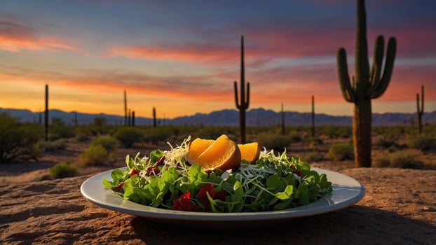 Vibrant salad with citrus garnishes set against a stunning desert sunset landscape photo