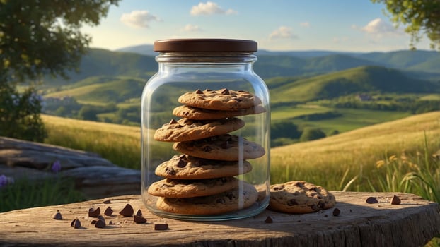 A glass jar filled with freshly baked chocolate chip cookies sits on a wooden table in a scenic landscape, with rolling hills and a bright blue sky in the background, evoking a sense of warmth and comfort photo