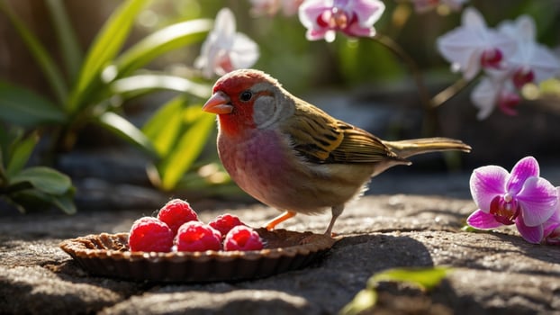 Colorful bird perched beside a raspberry tart in a lush garden with blooming orchids in background photo